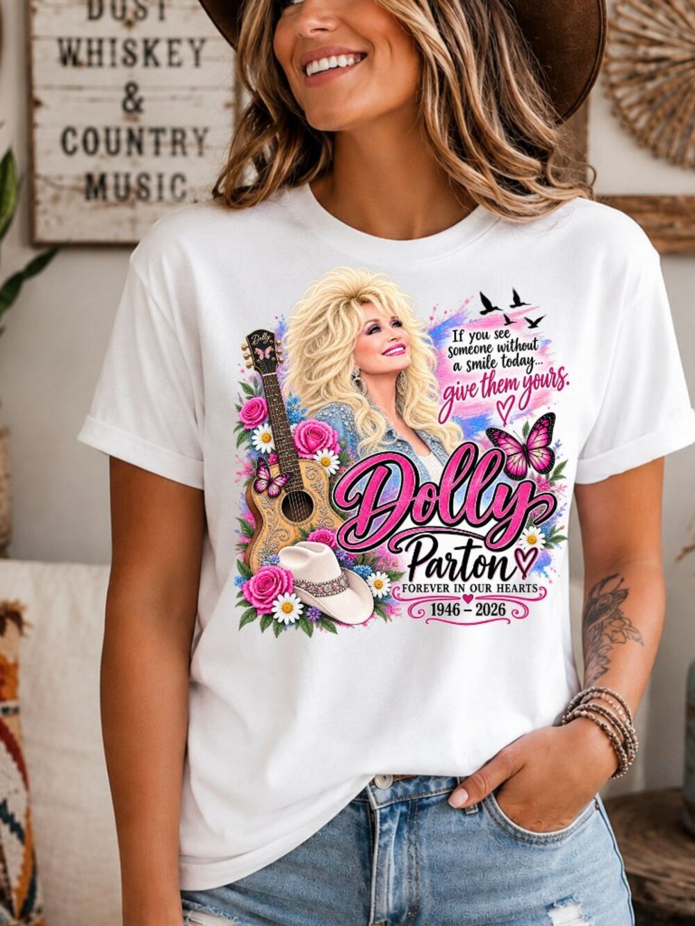 Dolly Parton Smile Quote Graphic Tee Country Western Guitar T-Shirt White